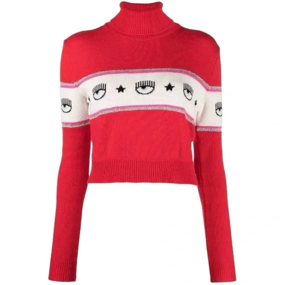 Chiara Ferragni Logomania Turtleneck Sweater Red Size Medium Cropped Wool Blend - Picture 1 of 7